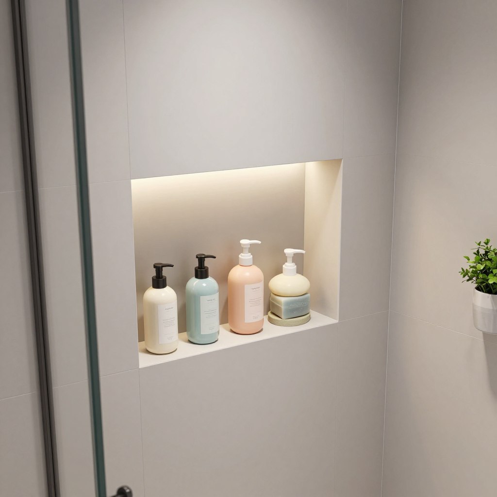 A modern, recessed shower niche storage solution for a small bathroom, beautifully integrated into a sleek tiled wall. The niche displays an organized arrangement of elegant bath products, such as shampoo bottles, body wash, and decorative soaps, all in soft pastel colors. The bathroom has a minimalist aesthetic with light gray tiles and a frameless glass shower door. The lighting is soft and warm, creating a cozy atmosphere, highlighting the niche's contents. In the background, a small potted plant adds a splash of greenery, while the space is free from clutter. The angle is a close-up to emphasize the niche, capturing its functionality and stylish design, exuding a calm and inviting ambiance suitable for a compact bathroom decor.