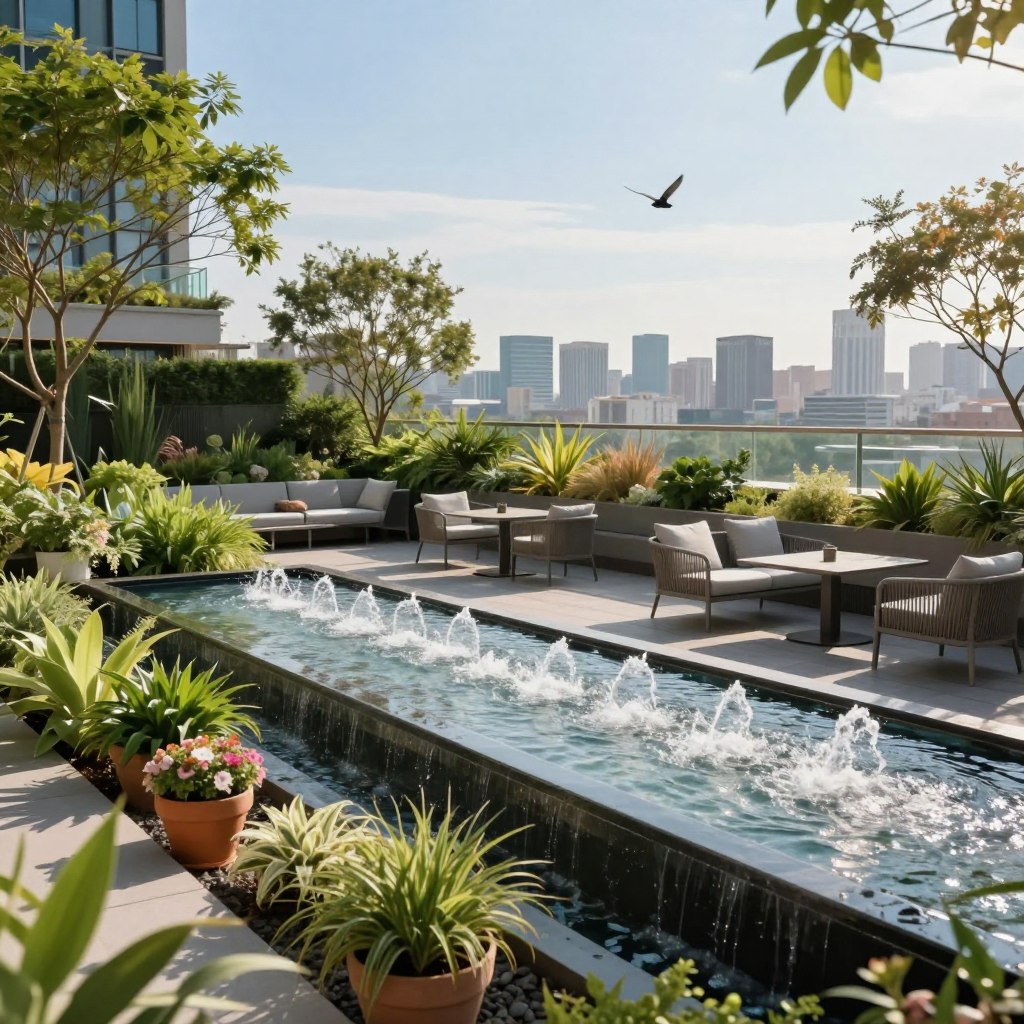 A modern rooftop garden featuring a serene water feature, such as a sleek, linear fountain with flowing water. In the foreground, lush greenery including potted plants and floral arrangements create an inviting atmosphere. The middle ground showcases comfortable seating areas with stylish patio furniture, perfect for relaxation. The background reveals a panoramic city skyline under a clear blue sky, with soft sunlight filtering through, casting gentle shadows. The scene feels tranquil and refreshing, with birds fluttering nearby to enhance the sense of peace. The composition is shot from a slightly elevated angle, capturing the harmonious blend of nature and urban architecture, creating an ideal oasis for rooftop living.