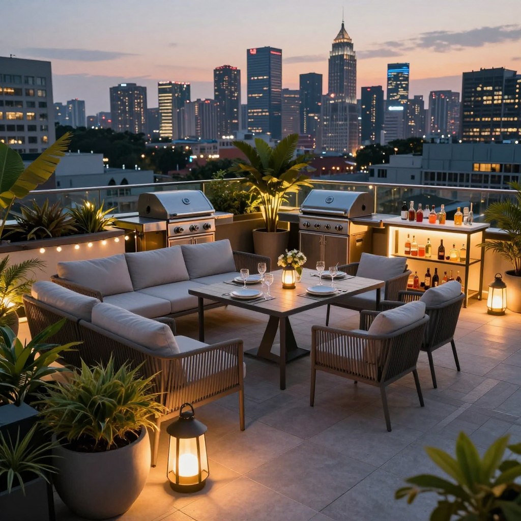 A modern rooftop terrace designed for entertaining, showcasing sleek outdoor furniture like a sectional sofa and stylish dining table set for a gathering. In the foreground, include lush potted plants and ambient lighting, such as string lights and lanterns, casting a warm glow. The middle ground features a contemporary BBQ grill and a mini bar cart stocked with drinks, suggesting a lively atmosphere. In the background, a stunning city skyline at dusk creates a captivating urban setting. Soft twilight colors blend with the bright lights of the city, enhancing the cheerful mood. Capture the scene from a slightly elevated angle to provide depth, with a focus on both the modern design elements and the inviting environment.