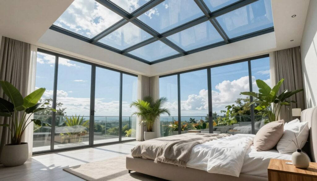 A modern skyview glass bedroom featuring expansive skylights that flood the space with natural light. In the foreground, sleek minimalist furniture in soft neutral tones, including a plush bed adorned with light bedding, and a stylish wooden nightstand. The middle ground showcases large glass walls that offer panoramic views of the sky, seamlessly integrating the interior with the exterior. Lush indoor plants are strategically placed, adding a touch of nature to the space. The background reveals a vibrant blue sky dotted with a few clouds, enhancing the airy feel of the room. Soft, diffused sunlight creates gentle shadows, promoting a serene and uplifting atmosphere. The composition is captured from a low angle to emphasize the grandeur of the glass architecture and the open, airy feel of the bedroom.