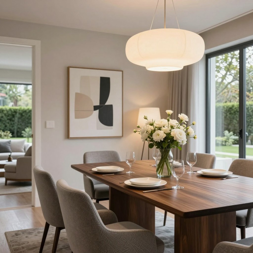 A modern, sleek dining room showcasing contemporary aesthetics. In the foreground, a stylish rectangular dining table made of rich, dark wood, adorned with minimalist tableware and an elegant vase of fresh white flowers. To the left, a set of plush chairs in muted gray, with subtle geometric patterns. In the middle ground, a sophisticated chandelier with warm, soft lighting casts a cozy glow. The walls are painted in a soft pastel hue and adorned with abstract art pieces that add a touch of creativity. In the background, large windows invite natural light and provide a view of a serene green garden. The overall atmosphere is inviting yet sophisticated, embodying the latest 2023 trends in dining room design, with an emphasis on comfort and modern elegance.