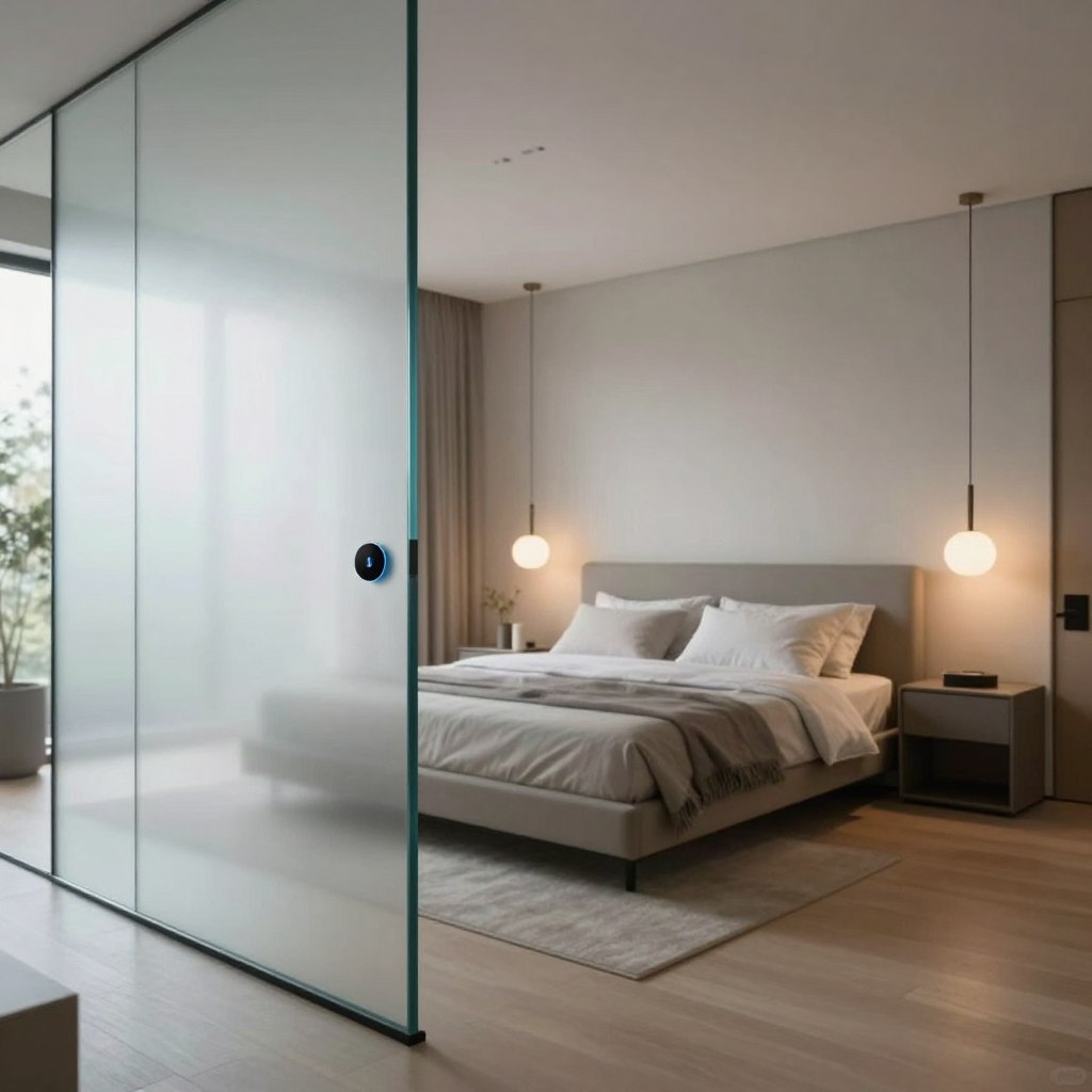 A modern, sleek glass bedroom featuring smart glass technology as a partition. The foreground showcases a frosted section of the glass, seamlessly transitioning from transparent to opaque, creating an elegant barrier. In the middle, a spacious, tastefully designed bedroom with contemporary furniture—think a minimalist platform bed, a stylish nightstand, and a tasteful pendant lamp casting soft, warm light. The background features large windows allowing natural daylight to flood the space, highlighting the cutting-edge technology of the smart glass. The mood is serene and sophisticated, with a focus on privacy and tranquility. The composition is captured from a slight angle to emphasize the juxtaposition of tech and design, with a soft-focus effect on the edges to enhance depth. The overall atmosphere is one of modern luxury and innovation. A modern, sleek glass bedroom featuring smart glass technology as a partition. The foreground showcases a frosted section of the glass, seamlessly transitioning from transparent to opaque, creating an elegant barrier. In the middle, a spacious, tastefully designed bedroom with contemporary furniture—think a minimalist platform bed, a stylish nightstand, and a tasteful pendant lamp casting soft, warm light. The background features large windows allowing natural daylight to flood the space, highlighting the cutting-edge technology of the smart glass. The mood is serene and sophisticated, with a focus on privacy and tranquility. The composition is captured from a slight angle to emphasize the juxtaposition of tech and design, with a soft-focus effect on the edges to enhance depth. The overall atmosphere is one of modern luxury and innovation.