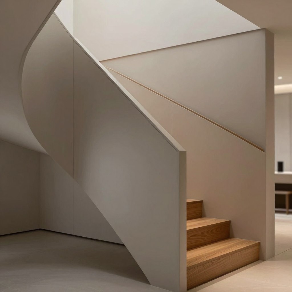 A modern, sleek staircase showcases elegant wall paneling, emphasizing minimalist design. The foreground features smooth, well-finished panels in a muted color, seamlessly flowing with the curvature of the staircase. Midway, the steps are crafted from polished wood, enhancing the overall aesthetic with a touch of warmth. Soft, ambient lighting illuminates the space, casting gentle shadows that accentuate the clean lines of the paneling. In the background, a subtle, blurred view of a minimalistic interior, emphasizing an open and airy atmosphere. The overall mood is tranquil and sophisticated, perfect for highlighting key elements of successful minimalist staircase paneling. The lens captures a slightly angled view, showcasing the striking relationship between the staircase and the surrounding wall.