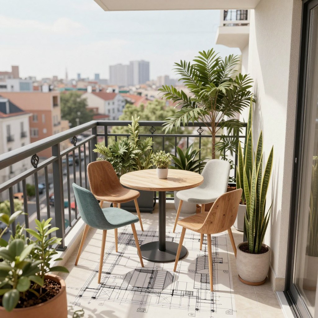 A modern small balcony design blueprint showcasing innovative ideas for a high-end look on a budget. In the foreground, include a detailed layout with geometric shapes representing furniture placements, such as a compact bistro table and stylish chairs, surrounded by potted greenery and vertical planters. The middle layer can feature a subtle railing design with decorative elements, while the background displays a charming cityscape with soft hues, indicating an urban environment. Use natural daylight to create a warm and inviting atmosphere, highlighting textures of materials like wood and metal. The angle should be slightly elevated, providing a clear perspective of the balcony's spatial arrangement and functional design elements, emphasizing a blend of aesthetics and practicality. A modern small balcony design blueprint showcasing innovative ideas for a high-end look on a budget. In the foreground, include a detailed layout with geometric shapes representing furniture placements, such as a compact bistro table and stylish chairs, surrounded by potted greenery and vertical planters. The middle layer can feature a subtle railing design with decorative elements, while the background displays a charming cityscape with soft hues, indicating an urban environment. Use natural daylight to create a warm and inviting atmosphere, highlighting textures of materials like wood and metal. The angle should be slightly elevated, providing a clear perspective of the balcony's spatial arrangement and functional design elements, emphasizing a blend of aesthetics and practicality.