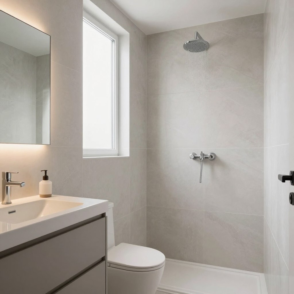 A modern small bathroom design featuring large-format tiles in a sleek and contemporary style. In the foreground, there is a minimalist vanity with clean lines and subtle metallic accents, alongside a silver-framed mirror that reflects the warm ambient lighting. The middle ground showcases the spacious shower area, adorned with large, textured tiles that add depth, while a stylish rainfall showerhead adds a touch of luxury. In the background, soft natural light filters in through a frosted window, illuminating the space and enhancing the neutral color palette of whites and greys. The overall atmosphere conveys tranquility and sophistication, ideal for maximizing small bathroom spaces with thoughtful material selection. The composition is shot from a slightly elevated angle, emphasizing the layout and finishes. A modern small bathroom design featuring large-format tiles in a sleek and contemporary style. In the foreground, there is a minimalist vanity with clean lines and subtle metallic accents, alongside a silver-framed mirror that reflects the warm ambient lighting. The middle ground showcases the spacious shower area, adorned with large, textured tiles that add depth, while a stylish rainfall showerhead adds a touch of luxury. In the background, soft natural light filters in through a frosted window, illuminating the space and enhancing the neutral color palette of whites and greys. The overall atmosphere conveys tranquility and sophistication, ideal for maximizing small bathroom spaces with thoughtful material selection. The composition is shot from a slightly elevated angle, emphasizing the layout and finishes.