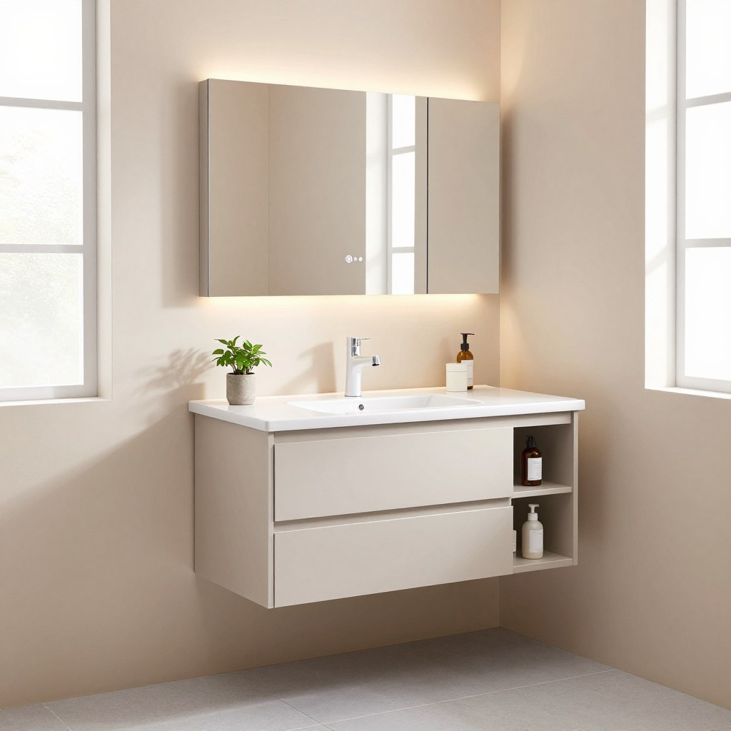 A modern small bathroom featuring a sleek floating vanity with minimalist design elements. In the foreground, the vanity is mounted on the wall, showcasing cleverly integrated storage solutions like pull-out drawers and open shelving for toiletries. The countertop is made of white quartz with a polished finish, adorned with a small potted plant for a touch of greenery. In the middle background, a stylish mirror reflects natural light coming from a frosted window, enhancing the space's brightness. Subtle LED lighting is integrated under the vanity, creating a warm ambiance. The walls are painted in soft pastel colors, and light gray tiles cover the floor. The overall mood is calm and contemporary, designed to maximize the perception of space, providing an inviting atmosphere perfect for a small bathroom. A modern small bathroom featuring a sleek floating vanity with minimalist design elements. In the foreground, the vanity is mounted on the wall, showcasing cleverly integrated storage solutions like pull-out drawers and open shelving for toiletries. The countertop is made of white quartz with a polished finish, adorned with a small potted plant for a touch of greenery. In the middle background, a stylish mirror reflects natural light coming from a frosted window, enhancing the space's brightness. Subtle LED lighting is integrated under the vanity, creating a warm ambiance. The walls are painted in soft pastel colors, and light gray tiles cover the floor. The overall mood is calm and contemporary, designed to maximize the perception of space, providing an inviting atmosphere perfect for a small bathroom.