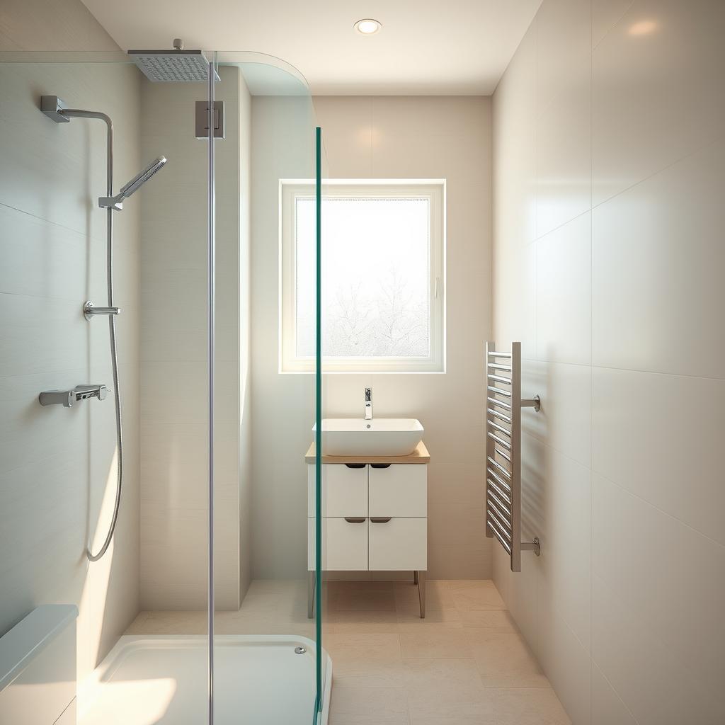 A modern small bathroom featuring a sleek glass shower enclosure, positioned towards the foreground. The shower has minimalist chrome fixtures and a rain showerhead, allowing light to flow through seamlessly. The middle of the scene includes a compact vanity with a stylish sink, surrounded by neutral-toned tiles. The background showcases a frosted window that allows natural daylight to fill the space, enhancing the open feel. Soft, warm lighting highlights the cleanliness and elegance of the design. A framed mirror above the vanity adds depth, creating a serene and sophisticated atmosphere. The overall aesthetic is uncluttered and contemporary, perfect for maximizing a small bathroom's appeal. A modern small bathroom featuring a sleek glass shower enclosure, positioned towards the foreground. The shower has minimalist chrome fixtures and a rain showerhead, allowing light to flow through seamlessly. The middle of the scene includes a compact vanity with a stylish sink, surrounded by neutral-toned tiles. The background showcases a frosted window that allows natural daylight to fill the space, enhancing the open feel. Soft, warm lighting highlights the cleanliness and elegance of the design. A framed mirror above the vanity adds depth, creating a serene and sophisticated atmosphere. The overall aesthetic is uncluttered and contemporary, perfect for maximizing a small bathroom's appeal.