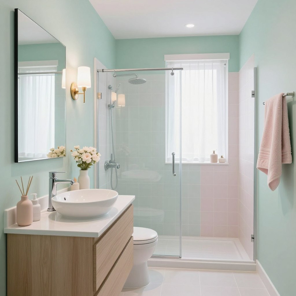 A modern small bathroom featuring soft pastel tones, showcasing a serene atmosphere. In the foreground, a sleek white vanity with a light wood finish sits beautifully, topped with a bowl sink and elegant chrome fixtures. To the left, a large mirror reflects gentle lighting from a stylish wall sconce. The middle ground includes soft mint green walls complemented by blush pink accents, including plush towels and decorative items. A shower stall with clear glass and subtle pastel tiles creates an inviting focal point. The background features a small window with sheer white curtains, diffusing natural light. Capture this scene from a slightly elevated angle, emphasizing spaciousness and tranquility, evoking a feeling of openness and airy freshness in a modern design.