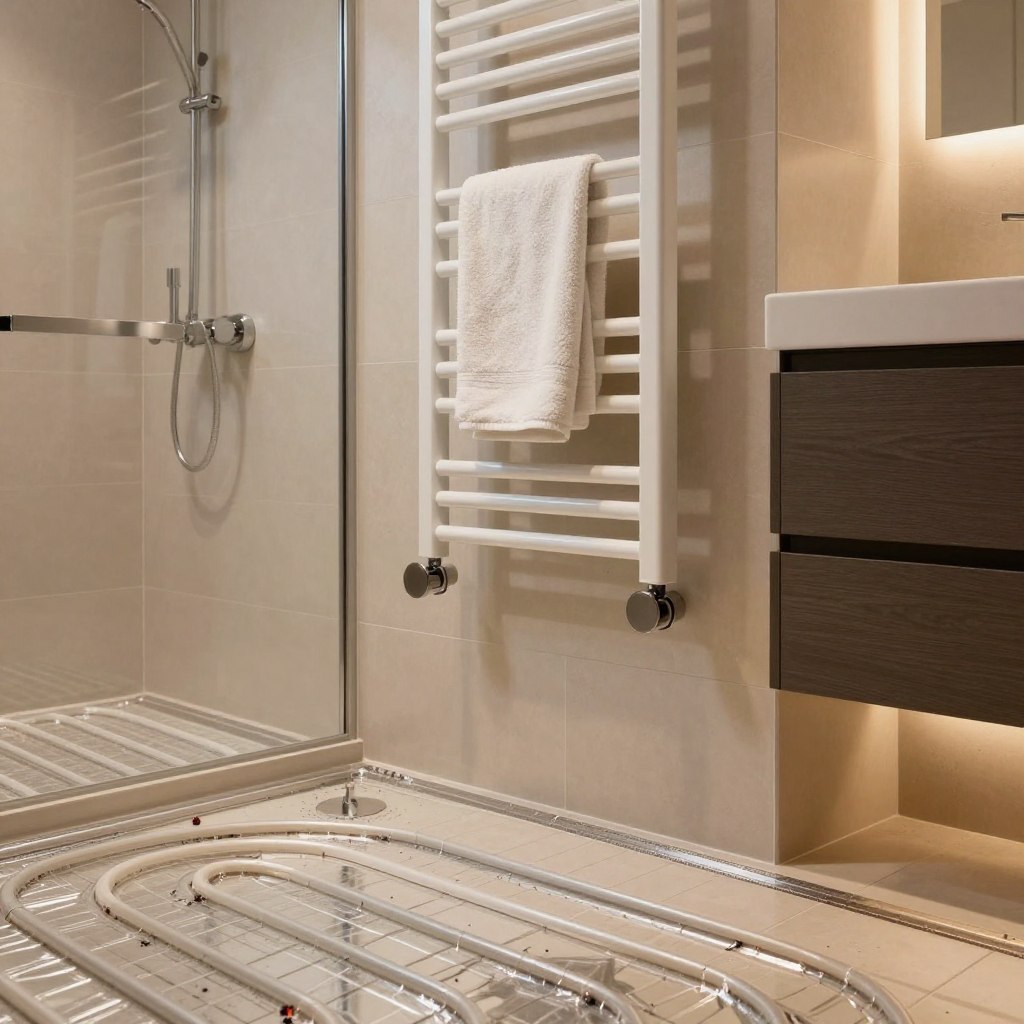 A modern small guest bathroom featuring an underfloor heating system, elegantly designed with sleek tiles and luxurious textures. In the foreground, intricate details of the underfloor heating pipes are subtly visible beneath a warm beige tile, showcasing advanced technology. The middle section highlights a stylish towel warmer mounted on the wall beside a plush, folded towel, adding a touch of comfort. Soft, ambient lighting creates a cozy atmosphere, illuminating the space with a gentle glow. The background includes a minimalistic mirror and elegant fixtures, enhancing the chic modern vibe of the room. The overall mood is inviting and serene, emphasizing smart solutions in contemporary design. Capture this scene in a high-resolution, slightly angled shot to emphasize depth and detail.