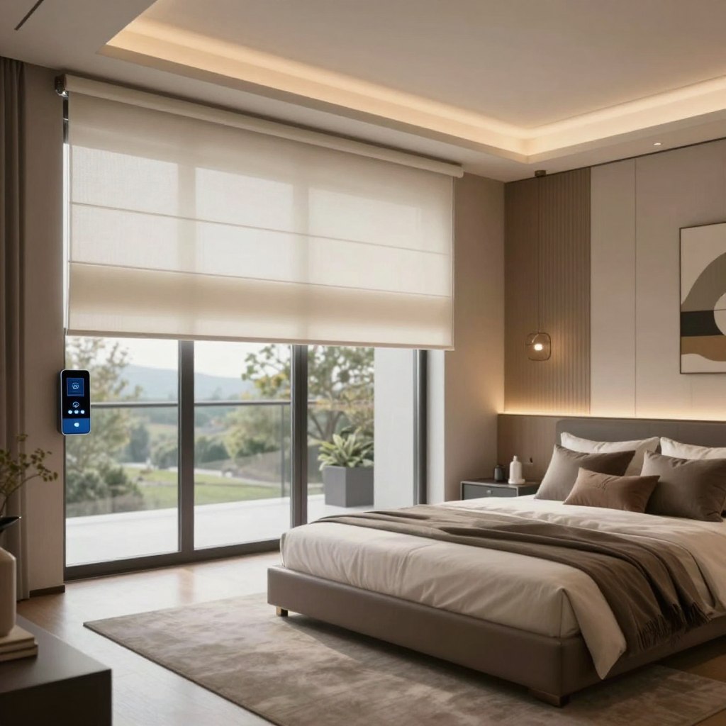 A modern smart home interior showcasing stylish smart blinds and shades in a contemporary bedroom. In the foreground, focus on sleek, automated roller shades with a minimalist design, featuring smart technology seamlessly integrated into the window frame. The middle ground highlights elegant furniture—a neatly made bed with decorative pillows, a chic nightstand, and subtle ambient lighting that creates a cozy atmosphere. The background reveals expansive glass windows with a view of a serene outdoor landscape, ensuring privacy yet allowing natural light to filter through the smart blinds. Use warm, soft lighting to evoke a tranquil mood, and capture the scene from a slightly angled perspective that emphasizes the blend of technology and modern design. Ensure the image is free of any text or branding. A modern smart home interior showcasing stylish smart blinds and shades in a contemporary bedroom. In the foreground, focus on sleek, automated roller shades with a minimalist design, featuring smart technology seamlessly integrated into the window frame. The middle ground highlights elegant furniture—a neatly made bed with decorative pillows, a chic nightstand, and subtle ambient lighting that creates a cozy atmosphere. The background reveals expansive glass windows with a view of a serene outdoor landscape, ensuring privacy yet allowing natural light to filter through the smart blinds. Use warm, soft lighting to evoke a tranquil mood, and capture the scene from a slightly angled perspective that emphasizes the blend of technology and modern design. Ensure the image is free of any text or branding.
