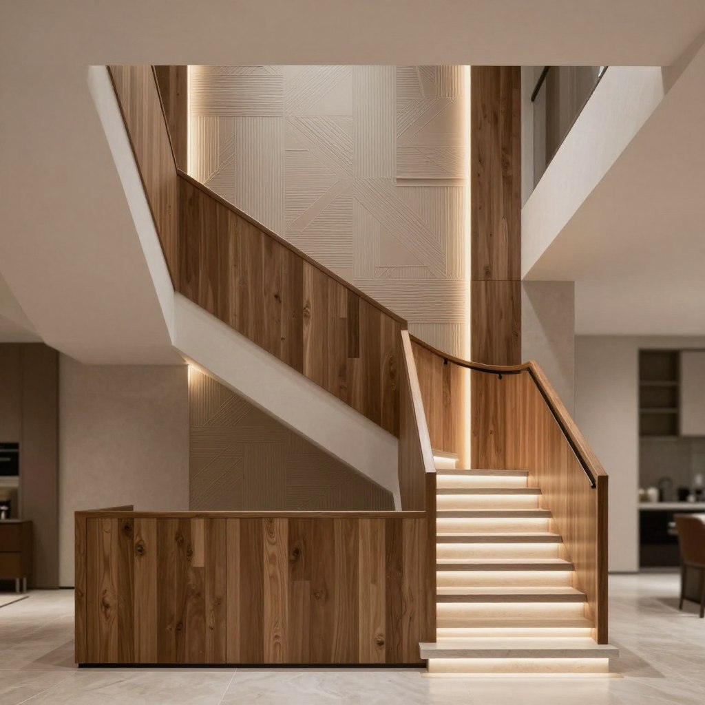 A modern staircase featuring a stunning wall covering design, highlighted with warm, ambient lighting that enhances the textures. In the foreground, an elegant wooden banister complements minimalist wall panels, showcasing a combination of geometric patterns and natural wood finishes. The middle ground reveals the staircase ascending gracefully, with vertical elements drawing the eye upward. The background consists of a softly blurred interior space, allowing the staircase to stand out prominently. A wide-angle lens captures the entire staircase in one shot, emphasizing depth and perspective. The mood is sophisticated and inviting, perfect for a contemporary home. The color palette includes earthy tones mixed with modern neutrals, creating a harmonious atmosphere.
