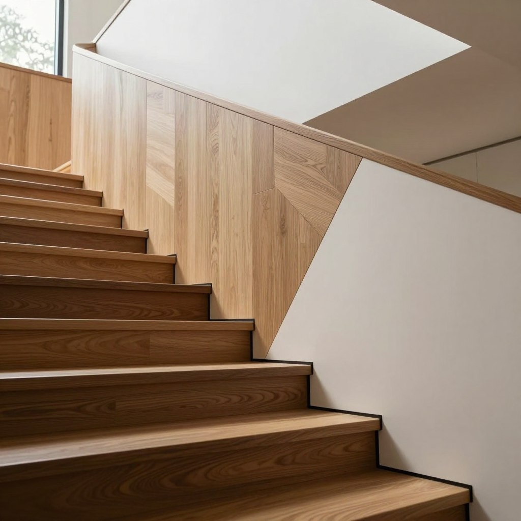 A modern staircase featuring elegant wall paneling, designed with sleek, minimalistic lines in a warm, inviting color palette. Foreground shows the staircase ascending gracefully with well-defined wooden steps, emphasizing the texture of the dark-stained wood. The middle ground includes the wall paneling, crafted in a geometric pattern with a combination of light oak and matte white finishes, creating an eye-catching contrast. In the background, soft natural light filters through large windows, casting gentle shadows and highlighting the wall textures. The atmosphere is serene and contemporary, evoking a sense of sophistication and calm. The scene is captured from a low angle, pulling the viewer’s eye upward along the staircase, creating a dynamic perspective.