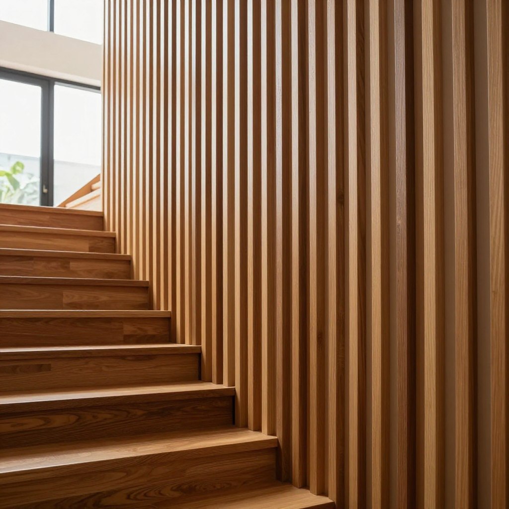 A modern staircase featuring elegant wood slat vertical paneling that enhances its architectural beauty. The foreground showcases the staircase steps, crafted from polished wood, leading upward. The middle section prominently displays the vertical slats, arranged in a sleek and staggered pattern, emphasizing depth and texture, with warm wood tones contrasting against the minimalist design. The background is softly blurred, suggesting a bright, airy hallway illuminated by natural light streaming through large windows. The overall atmosphere is inviting and contemporary, highlighting the sophisticated integration of wood paneling in modern homes. The scene is captured from a slightly elevated angle to accentuate the staircase’s upward movement and the design of the paneling, creating a harmonious visual flow.