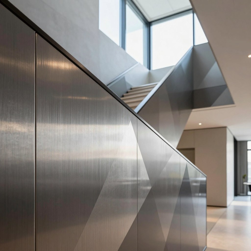 A modern staircase featuring innovative wall cladding made of sleek metal and composite materials. In the foreground, focus on the textured paneling, showcasing a mix of brushed steel and contemporary composite designs with geometric patterns that reflect light. The middle ground captures the elegant ribs of the staircase, leading up to a stylish upper landing, surrounded by large windows allowing natural light to flood in, casting soft shadows. In the background, a softly blurred view of an airy and minimalistic hallway enhances the contemporary vibe. The lighting should be bright and inviting, emphasizing the reflective surfaces, creating a sophisticated and modern atmosphere. The angle should be slightly elevated to capture both the staircase and the wall cladding effectively.