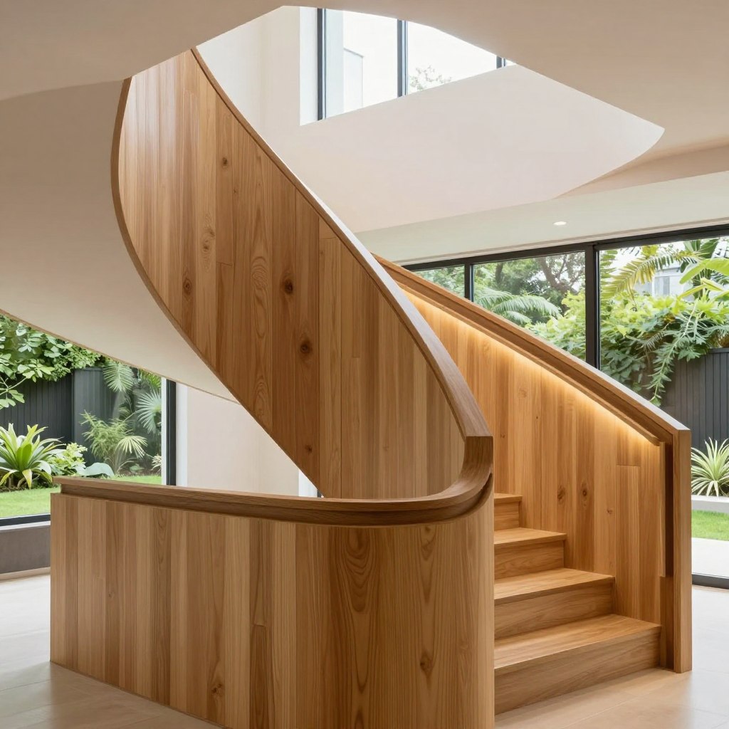 A modern staircase featuring innovative wall paneling made from sustainable materials. In the foreground, sleek wooden panels with a natural finish create a striking visual contrast against a bright, airy space. The middle ground showcases the elegant curves of the staircase, drenched in soft, warm lighting that accentuates the texture of the paneling. In the background, large windows invite natural light, illuminating the space and providing a glimpse of a vibrant, green garden. The atmosphere is calm and contemporary, conveying a sense of eco-friendly sophistication. The angle captures the staircase from a slightly elevated perspective, showcasing both the design and the inviting atmosphere of the home.