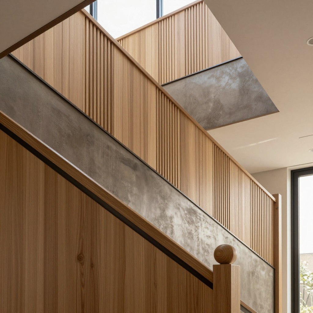 A modern staircase featuring innovative wall paneling solutions, showcasing a combination of sleek wood and textured metal materials. In the foreground, focus on a beautifully crafted wooden banister with intricate detailing. The middle ground reveals the staircase with a stunning wall panel design that blends vertical and horizontal slats in a warm beige tone, complemented by metallic accents. In the background, a soft, ambient light filters through large windows, casting gentle shadows on the design elements. Capture the scene from a low angle to emphasize the height and elegance of the staircase, creating a sense of sophistication. The overall atmosphere should feel contemporary and inviting, perfect for a modern home interior.