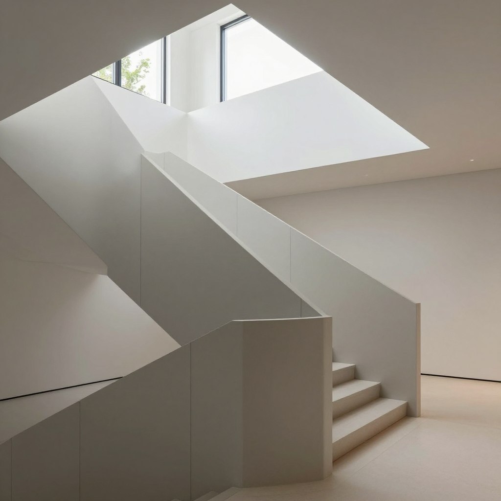 A modern staircase featuring minimalist wall panels that emphasize clean lines and simplicity. In the foreground, sleek, geometric paneling in muted tones like soft gray and white creates an inviting and spacious atmosphere. The middle ground showcases a streamlined staircase with a minimalist railing, leading up to a light-filled landing. Natural light pours in from large windows, casting soft shadows and highlights on the panels, enhancing their textures. The background is an elegant, uncluttered space that gives a sense of openness, with subtle greenery hinted at through window views. The overall mood is one of serenity and sophistication, perfect for contemporary design enthusiasts. Capture the essence of minimalist style with this sleek setup, using a wide-angle lens to accentuate the space.