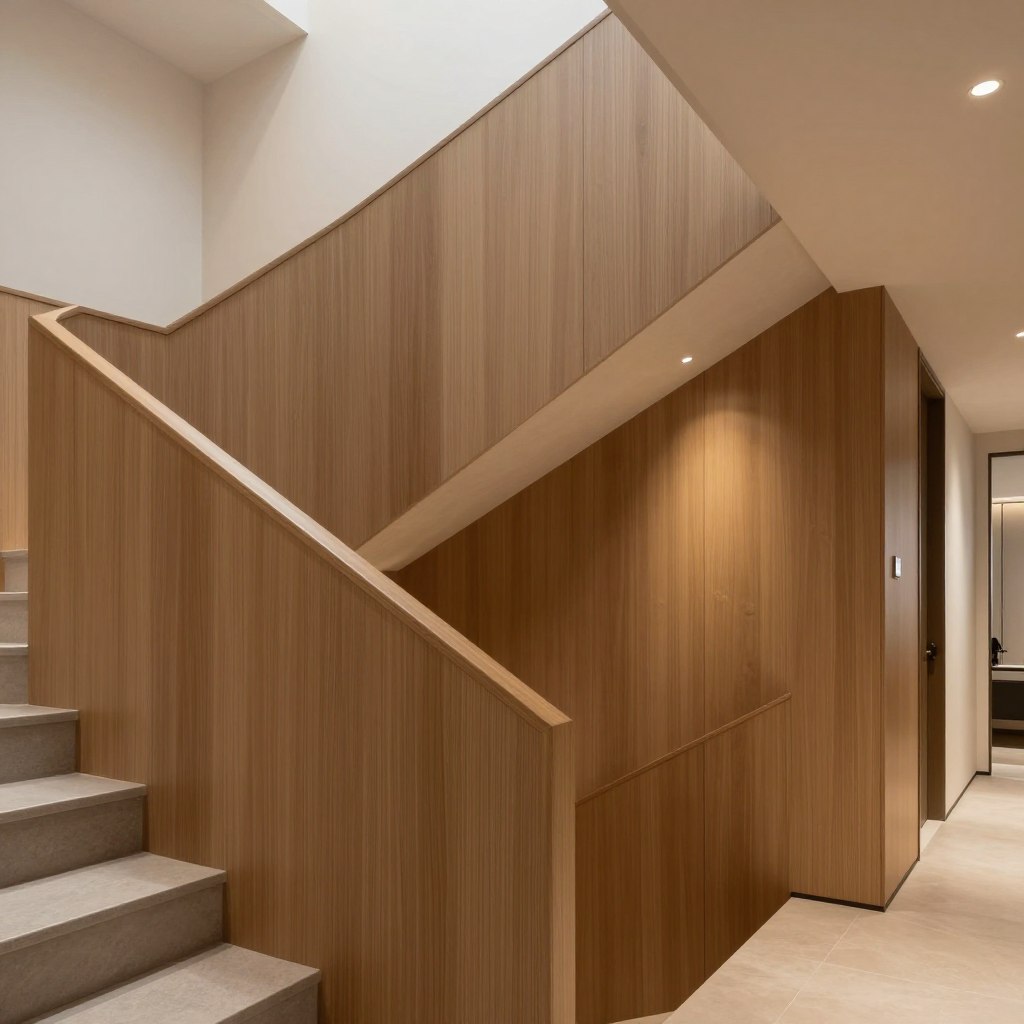 A modern staircase featuring sleek wall paneling made of warm wood and contemporary composite materials. The foreground showcases the staircase with clean lines and a minimalist design, inviting the viewer to appreciate the craftsmanship. In the middle ground, soft lighting highlights the textures of the wall panels, creating a rich contrast with the light-colored walls. The background reveals a stylish hallway, further enhancing the modern aesthetic. The overall atmosphere is warm and inviting, with a focus on sophistication and practicality. The angle should capture the staircase from slightly below, emphasizing its height and elegance, while the lighting is soft and diffused, creating a calm and serene mood.