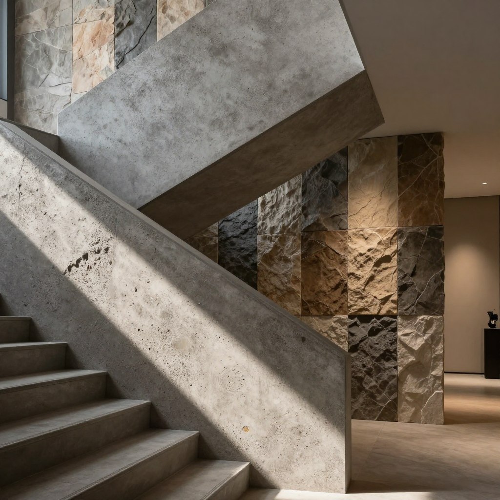 A modern staircase featuring stylish wall coverings made of stone and concrete, showcasing an industrial chic design. The foreground includes a sleek staircase with dramatic lighting casting shadows on the textured wall panels, highlighting their rough, raw surfaces. In the middle ground, a series of wall coverings in various shades of gray and earthy tones create a visually appealing pattern that conveys sophistication. The background should subtly fade to emphasize the staircase, perhaps with soft, diffused lighting that creates a warm ambiance. The overall atmosphere is contemporary and inviting, capturing the essence of modern design. Use a wide-angle lens to enhance the depth and perspective of the space.