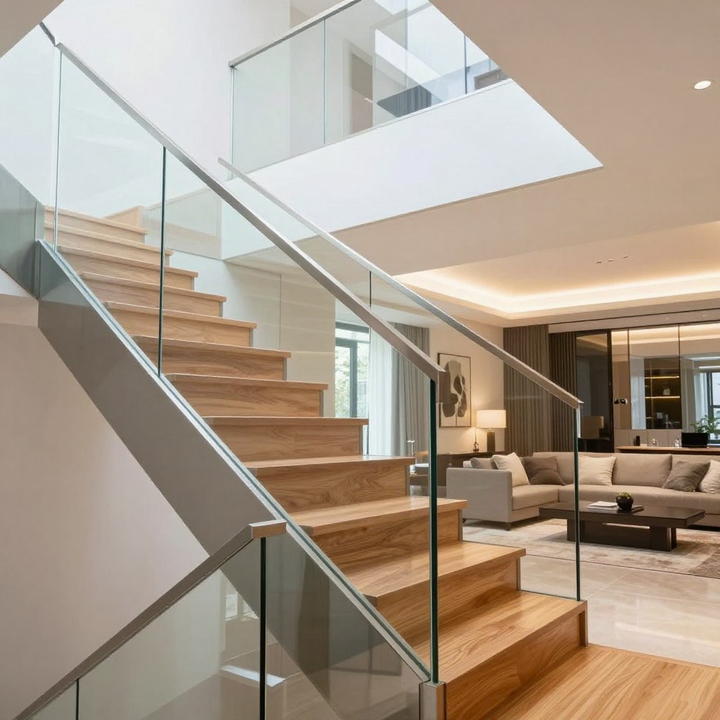 A modern staircase interior, showcasing sleek glass panels as wall paneling. In the foreground, the staircase features a minimalist design with clean lines and stainless steel handrails. The middle section captures the transparency of the glass panels, reflecting light elegantly, contrasted against a warm wooden staircase. The background includes a stylish, well-lit living area with contemporary decor, creating an inviting atmosphere. Bright natural light floods the space, enhancing the clarity of the glass and the warmth of the wood. The angle is from a low perspective, emphasizing the height of the staircase and the lightness of the materials. The overall mood is sophisticated and airy, embodying a modern aesthetic that balances functionality with style.