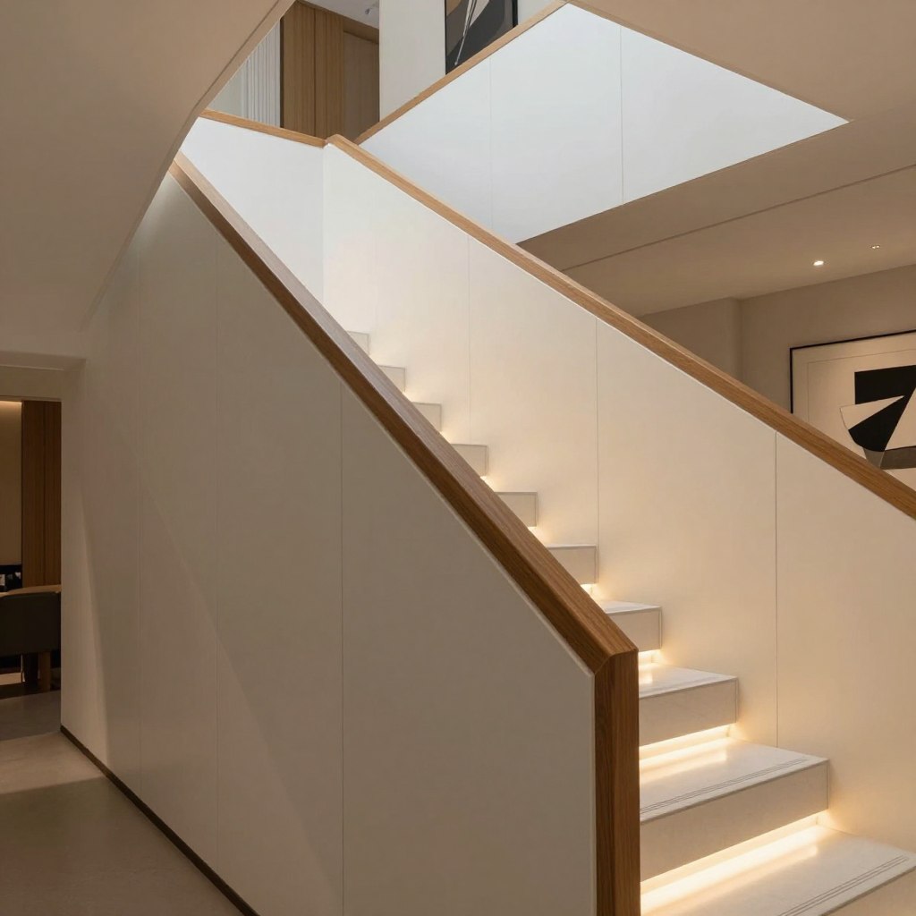 A modern staircase showcasing sleek paneling with integrated LED lighting that softly illuminates the area. The foreground features a stylishly designed handrail made from polished wood, with smooth, geometric lines leading the eye upward. In the middle, the staircase steps are elegantly crafted, accentuated by minimalist wall paneling that complements the overall design. Subtle ambient lighting is integrated into the panels, casting a warm glow that highlights the textures. The background reveals a tastefully decorated room, with contemporary art pieces and a neutral color palette to enhance the clean look. The scene is captured at a slight angle to showcase depth, using natural soft lighting to create a serene, inviting atmosphere.