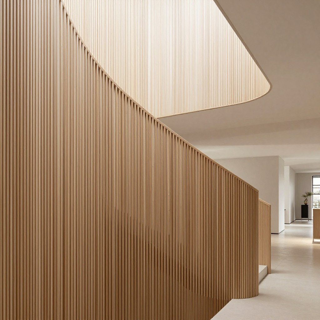 A modern staircase showcasing vertical slatted wall panels in a minimalist design. The foreground features sleek, thin slats made of light-colored wood, arranged vertically and spaced evenly to create an elegant textural contrast. In the middle, a gracefully curved staircase ascends, inviting exploration with its soft, natural lighting illuminating the panels. The background reveals a spacious, airy hallway with clean lines and neutral tones, adorned with subtle decorative elements that enhance the minimalist aesthetic. Soft shadows play across the walls, adding depth and warmth to the scene. The atmosphere is serene and sophisticated, emphasizing clarity and simplicity in design, evoking a sense of calm and functionality. The perspective is slightly elevated, capturing the entirety of the staircase and wall panels in a well-composed shot, reminiscent of a high-end interior design photograph.