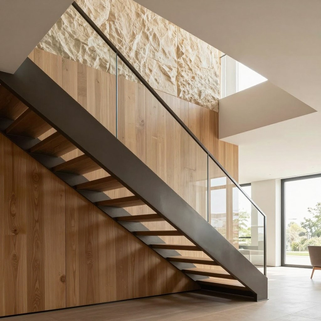 A modern staircase wall featuring contemporary design elements, showcasing a stunning blend of materials such as warm wood, sleek metal accents, and textured stone panels. In the foreground, the wooden wall paneling exhibits smooth grains and natural warmth. The middle of the image highlights an elegant, minimalist staircase with a glass railing that complements the sophisticated wall design. The background consists of a softly-lit, open interior space filled with natural light streaming through large windows, creating an inviting atmosphere. The scene is captured from a low angle to emphasize the verticality and grandeur of the staircase, with a focus on clean lines and a harmonious color palette. The mood is tranquil yet stylish, making it an ideal visual representation of modern interior design.