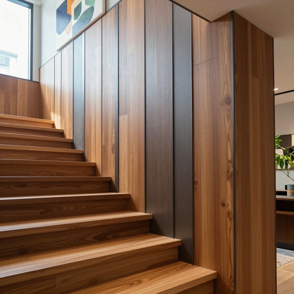 A modern staircase with elegant wall paneling made of a mix of warm wood and sleek metal accents. The foreground features polished wooden steps, leading up to a stylish landing adorned with contemporary art. In the middle, the wall is lined with vertical wooden panels, interspersed with minimalist metal accents, showcasing a blend of texture and color. The atmosphere is bright and inviting, with natural light streaming in from large windows, casting soft shadows that enhance the paneling's details. The background includes a hint of greenery from potted plants, adding a touch of nature. This image should be taken from a slightly elevated angle to emphasize the staircase's design and material contrasts, creating a sense of depth and sophistication.