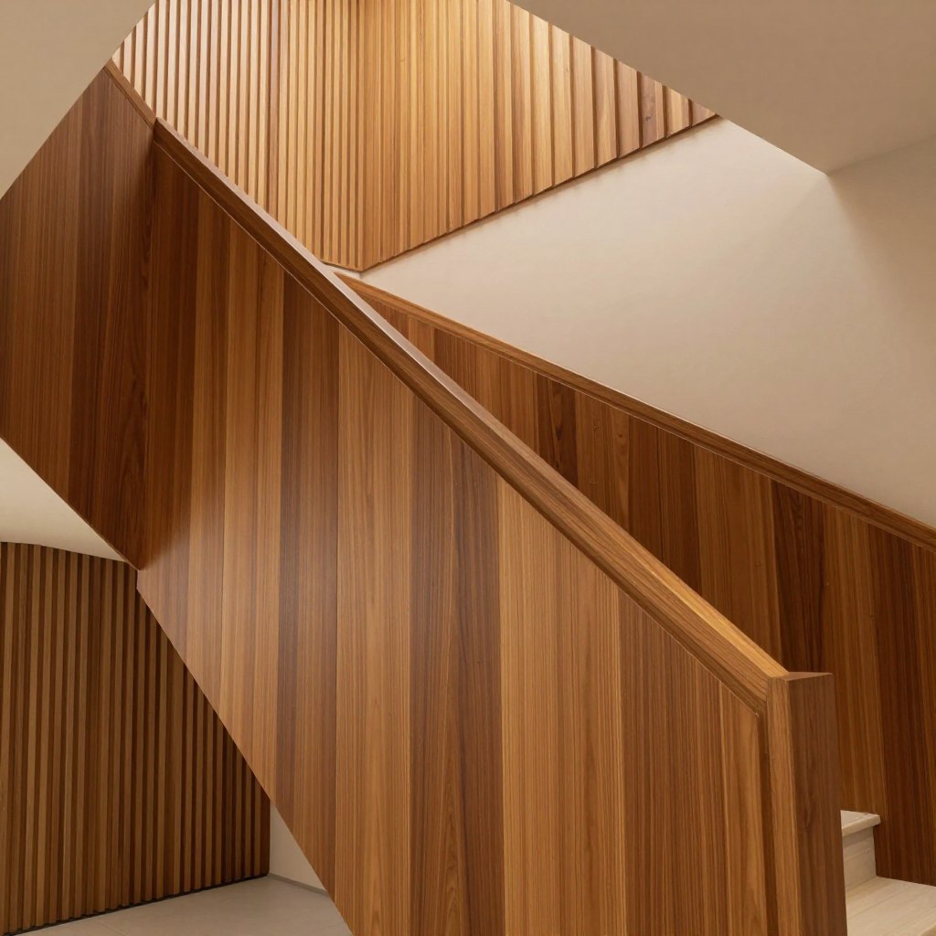 A modern stairway featuring elegant wood paneling solutions, showcasing a blend of oak and walnut finishes for a sophisticated touch. In the foreground, a beautifully crafted staircase with a smooth, polished railing, inviting viewers to appreciate the craftsmanship. The middle ground reveals a wall adorned with vertical slats, emphasizing clean lines and contemporary design. In the background, soft, warm lighting highlights the textures of the wood, casting gentle shadows that create depth and dimension. The atmosphere is serene and inviting, ideal for a modern home. The angle captures the stairway from a slightly lower perspective, accentuating the height and grandeur of the space while ensuring no human subjects are present.