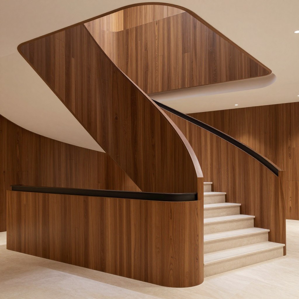 A modern, stylish staircase featuring elegant wall coverings that enhance its design. In the foreground, showcase a richly textured wall paneling made from sustainable wood, highlighted with a sleek, contemporary finish. The middle ground reveals a graceful, sweeping staircase with precise contours and safety-compliant handrails, emphasizing the importance of safety in modern design. In the background, warm, diffused lighting creates a welcoming atmosphere, casting soft shadows that accentuate the materials' textures. A wide-angle perspective captures the entire staircase, inviting the viewer to appreciate the artistic interplay between form and function. The overall mood should convey sophistication and safety, embodying the essence of modern architectural choices.