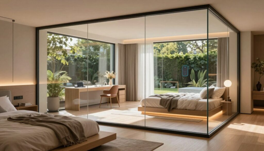 A modern transparent bedroom showcasing smart glass technology, featuring seamlessly integrated windows and walls that adjust opacity for privacy and sunlight control. In the foreground, a stylish bed with minimalist bedding sits atop a sleek wooden platform. The middle section reveals a spacious area with elegant furniture, including a desk and a cozy reading nook bathed in natural light. The background showcases greenery through the glass, blending indoor and outdoor spaces harmoniously. Soft, warm LED lighting enhances the welcoming atmosphere, creating a serene mood. The perspective is a slightly elevated angle, giving a clear view of the layout and inviting ambiance while emphasizing the innovative design elements of the transparent enclosure. No human figures are present in this tranquil, modern setting.