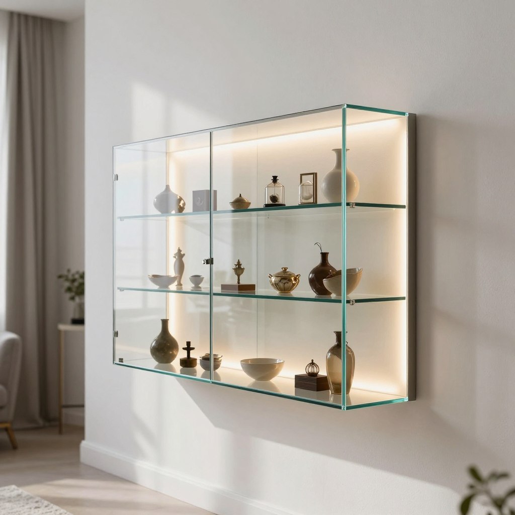 A modern wall-mounted floating glass display cabinet elegantly showcases a minimalist design, featuring sleek tempered glass shelves that are illuminated by soft, warm LED lights. The cabinet is affixed to a smooth white wall adorned with subtle decor accents in muted tones, creating a serene atmosphere. The foreground highlights the cabinet’s transparent structure, allowing intricate collectibles and tasteful ornaments to be seen from multiple angles. In the middle ground, the wall’s understated texture adds depth, while the background remains softly blurred, emphasizing the cabinet as the focal point. Natural light filters in from a nearby window, casting gentle shadows that enhance the glass’s clarity and enhance the cabinet’s contemporary aesthetic. The overall mood is sophisticated and inviting, perfect for a stylish living room. A modern wall-mounted floating glass display cabinet elegantly showcases a minimalist design, featuring sleek tempered glass shelves that are illuminated by soft, warm LED lights. The cabinet is affixed to a smooth white wall adorned with subtle decor accents in muted tones, creating a serene atmosphere. The foreground highlights the cabinet’s transparent structure, allowing intricate collectibles and tasteful ornaments to be seen from multiple angles. In the middle ground, the wall’s understated texture adds depth, while the background remains softly blurred, emphasizing the cabinet as the focal point. Natural light filters in from a nearby window, casting gentle shadows that enhance the glass’s clarity and enhance the cabinet’s contemporary aesthetic. The overall mood is sophisticated and inviting, perfect for a stylish living room.