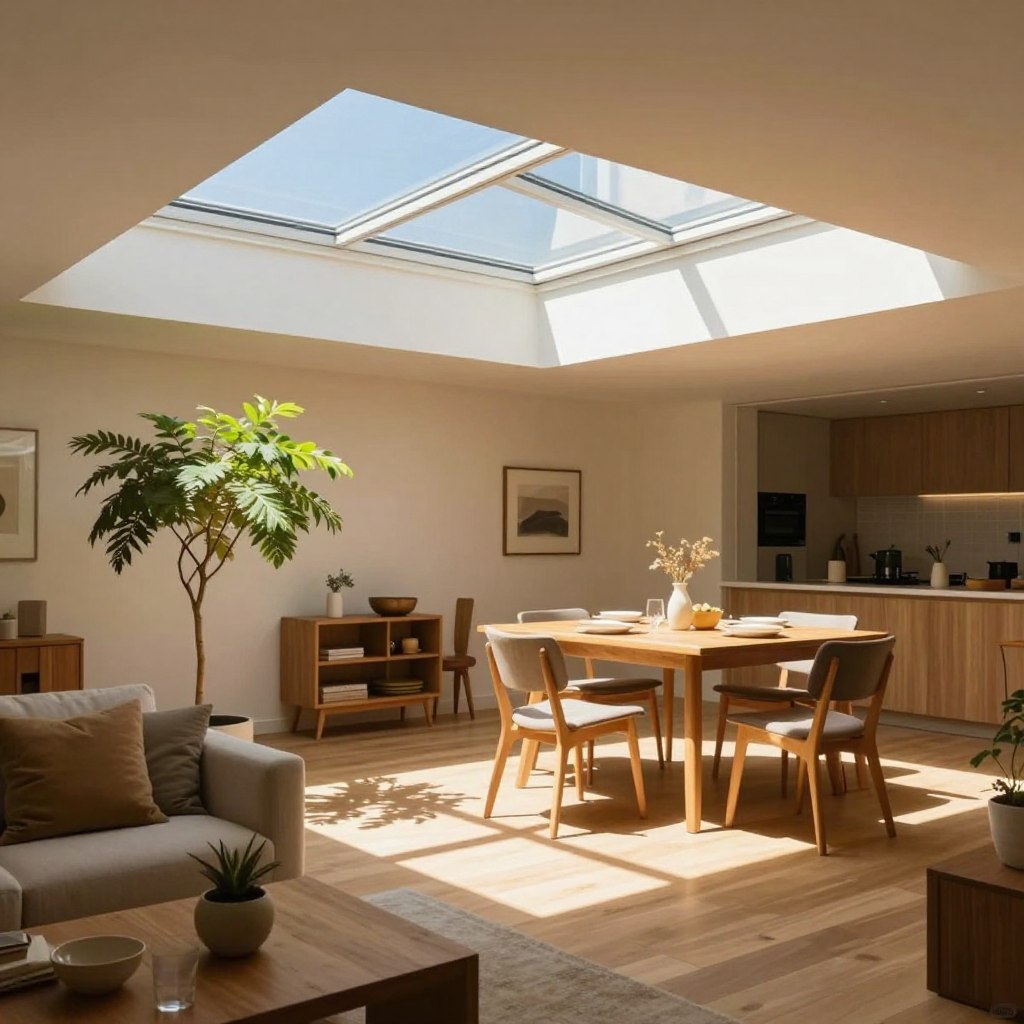 A modern, well-designed room with a large fixed skylight allowing natural light to flood in, illuminating the space with warm, golden hues. In the foreground, a cozy seating area with stylish furniture, perhaps a small indoor plant basking in the sunlight. The middle ground features a wooden dining table set for a meal, reflecting subtle shadows from the skylight. Soft sunlight dapples the floor, creating a welcoming atmosphere. In the background, a clear blue sky is visible through the skylight, enhancing the sense of openness. Use a wide-angle lens to emphasize the spaciousness, with soft focus on details. The mood is bright, airy, and inviting, capturing the value of natural light and air in a home. A modern, well-designed room with a large fixed skylight allowing natural light to flood in, illuminating the space with warm, golden hues. In the foreground, a cozy seating area with stylish furniture, perhaps a small indoor plant basking in the sunlight. The middle ground features a wooden dining table set for a meal, reflecting subtle shadows from the skylight. Soft sunlight dapples the floor, creating a welcoming atmosphere. In the background, a clear blue sky is visible through the skylight, enhancing the sense of openness. Use a wide-angle lens to emphasize the spaciousness, with soft focus on details. The mood is bright, airy, and inviting, capturing the value of natural light and air in a home.