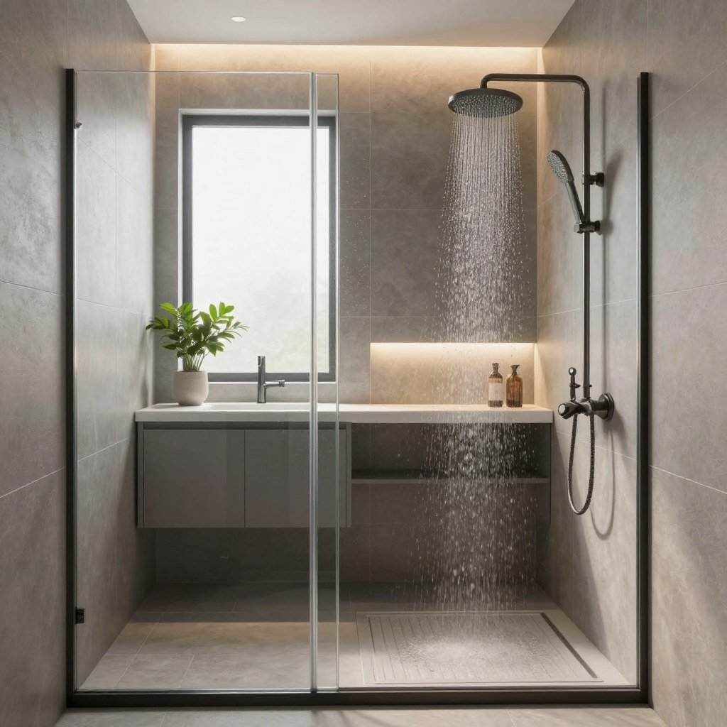 A modern wet room design for a small bathroom, showcasing a compact yet elegant layout. In the foreground, a stylish shower area with clear glass panels, featuring sleek, gray tiles and a rainfall showerhead. The middle section includes a floating vanity with a minimalist sink, adorned with potted greenery to bring life to the space. The background reveals a frosted window, allowing soft natural light to filter in, enhancing the fresh, open atmosphere. The lighting is warm and inviting, with subtle accent lights highlighting the design features. The overall mood is contemporary and serene, ideal for maximizing functionality while maintaining aesthetic appeal. No human figures are present in the scene.