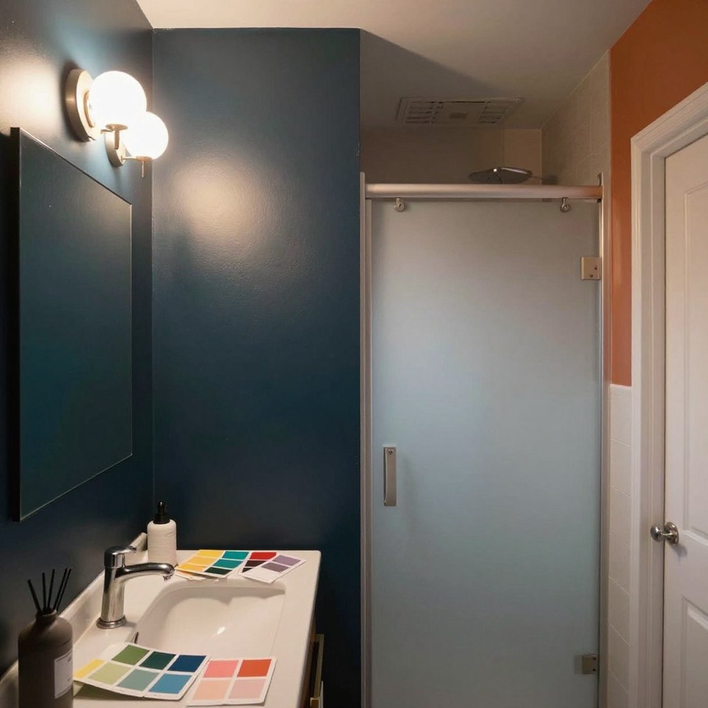 A modern windowless bathroom showcasing common mistakes in paint color choices. Foreground features a small vanity with mismatched paint swatches strewn across, conveying indecision. In the middle, the walls are painted in overly dark and vibrant colors that create a cramped and unwelcoming atmosphere, juxtaposed with a poorly chosen light fixture casting harsh shadows. The background comprises a frosted glass shower door and minimalistic decor lacking design cohesion. Use soft, overhead lighting to illuminate the space, emphasizing the shortcomings of the color palette. The overall mood should feel constricted and confusing, illustrating the pitfalls of poor color selection in a windowless setting, highlighting how it can detract from the intended vibrancy and cheerfulness of a bathroom.