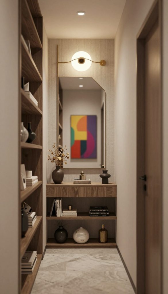 A narrow hallway showcasing multiple design challenges, set in a modern home. In the foreground, a creatively designed storage solution utilizing vertical space, featuring shelves filled with decorative items and books. The middle layer displays the hallway’s unique architectural features, including an eye-catching light fixture, textured wallpaper, and strategically placed mirrors to enhance depth. In the background, a pop of color can be seen through a vibrant, framed artwork on the wall, contrasting with neutral tones. Soft, warm lighting accentuates the hallway's charm, creating an inviting atmosphere. The angle captures the length of the hallway, emphasizing its narrowness while showcasing practical design ideas. The overall mood conveys a sense of elegance and thoughtful design solutions.