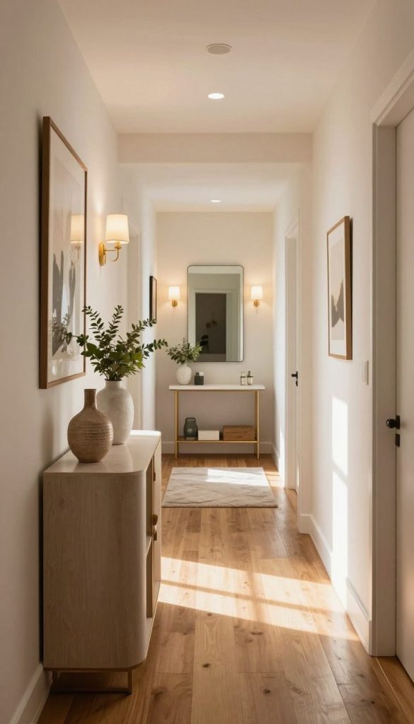 A narrow hallway transformed into a stunning entryway, showcasing a modern makeover. In the foreground, a beautifully designed console table with decorative vases and greenery adds a touch of elegance. The walls are painted in a soft, inviting hue, adorned with framed artwork that complements the space. In the middle ground, stylish wall sconces illuminate the hallway softly, casting warm light that creates a welcoming atmosphere. The floor features sleek wooden planks leading toward an inviting area rug that adds texture. In the background, a trendy mirror reflects the light and opens up the space, enhancing the airy feeling. The angle is slightly elevated, capturing the length of the hallway, with natural sunlight streaming from a nearby window, emphasizing the bright, airy ambiance ideal for this entryway transformation.