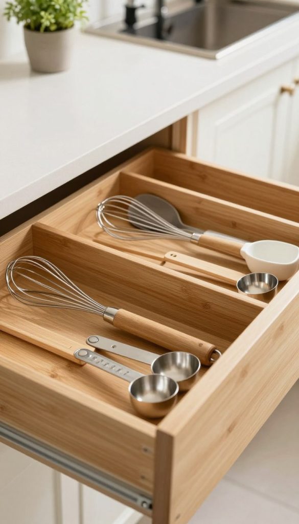 A neatly organized kitchen drawer featuring modern dividers made from lightweight bamboo. The foreground showcases several compartments with utensils, including a whisk, spatula, and measuring spoons, laid out neatly. In the middle, a series of sleek, adjustable divider panels create a structured look, while the warm wood texture contrasts with the shiny metal utensils. The background reveals a soft focus of a bright, well-lit kitchen environment, with cabinetry and subtle decorative elements like a potted herb plant. Soft, natural daylight streams in, enhancing the overall warmth and inviting atmosphere of the scene. The angle captures the drawer from a slightly elevated perspective, offering a clear view of the organization within, conveying a sense of efficiency and cleanliness.