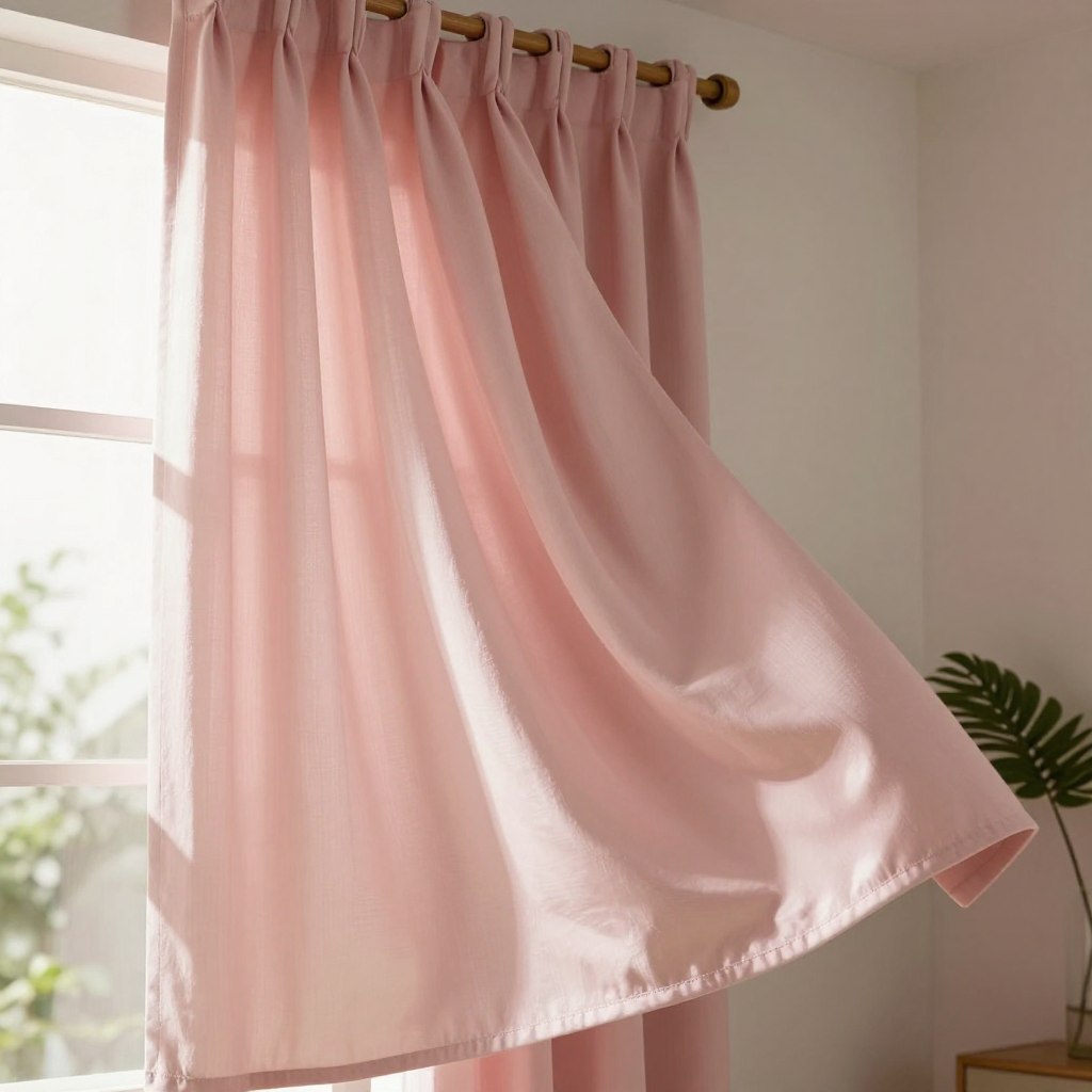 A pair of elegant blush pink curtains gracefully drape from a wooden curtain rod, their soft fabric flowing gently as if caught in a light breeze. The curtains are illuminated by warm, diffused sunlight streaming through a nearby window, creating a cozy and inviting atmosphere in the room. In the foreground, the delicate texture of the fabric is highlighted, showcasing subtle folds and a hint of sheen. The middle ground features a light, neutral wall, enhancing the softness of the curtains while providing a backdrop that complements various living room color schemes. In the background, a hint of greenery from houseplants can be seen, adding to the serene and tranquil vibe of the space. The overall mood is warm, inviting, and stylish, perfect for a modern living room. A pair of elegant blush pink curtains gracefully drape from a wooden curtain rod, their soft fabric flowing gently as if caught in a light breeze. The curtains are illuminated by warm, diffused sunlight streaming through a nearby window, creating a cozy and inviting atmosphere in the room. In the foreground, the delicate texture of the fabric is highlighted, showcasing subtle folds and a hint of sheen. The middle ground features a light, neutral wall, enhancing the softness of the curtains while providing a backdrop that complements various living room color schemes. In the background, a hint of greenery from houseplants can be seen, adding to the serene and tranquil vibe of the space. The overall mood is warm, inviting, and stylish, perfect for a modern living room.