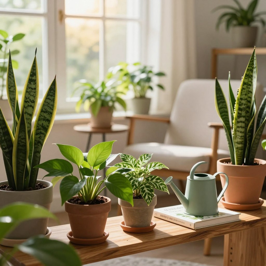 A peaceful indoor setting featuring a variety of well-cared-for indoor plants arranged on a stylish wooden shelf. In the foreground, vibrant green leafy plants like pothos and snake plants thrive, showcasing their diverse shapes and sizes. The middle ground highlights a cozy seating area with a comfortable chair and a small side table adorned with a sleek watering can and a plant care book, emphasizing the benefits of nurturing greenery at home. In the background, sunlight streams through a large window, casting warm, inviting light that enhances the lushness of the plants. The overall mood is serene and rejuvenating, reflecting a harmonious connection with nature, ideal for demonstrating the nurturing qualities of indoor greenery. Use a soft focus lens to create an inviting and tranquil atmosphere.