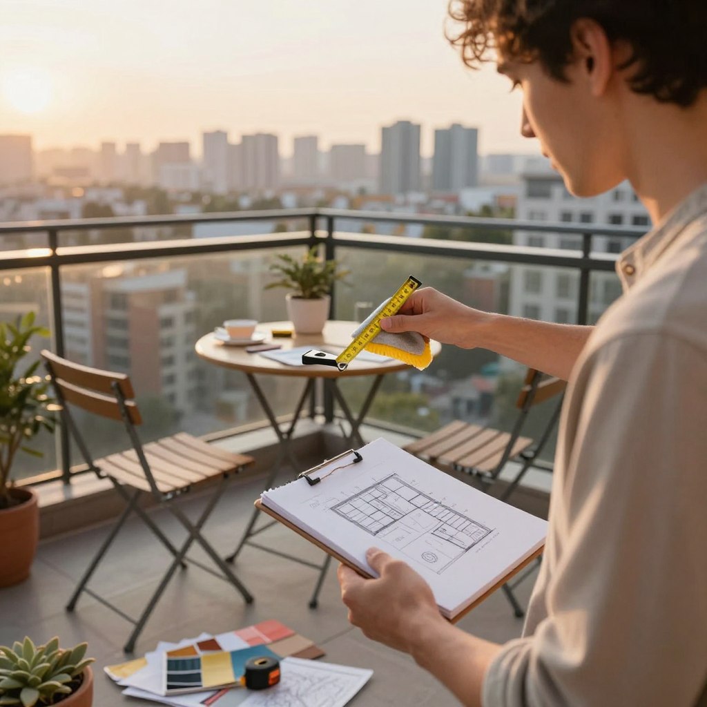 A person in modest casual clothing, intently cleaning and measuring a small balcony, surrounded by tools and measuring tape. The foreground features the individual holding a notepad with sketches for a new layout, showcasing a thoughtful expression. In the middle, a compact table and chairs are partially assembled, with swatches of fabric and decor items scattered around, hinting at a stylish yet budget-friendly makeover. The background shows a scenic city skyline during golden hour, soft sunlight casting warm tones over the space. The atmosphere is focused and creative, reflecting the exciting planning stage of a balcony renovation, emphasizing the potential for a high-end look in a small area. A person in modest casual clothing, intently cleaning and measuring a small balcony, surrounded by tools and measuring tape. The foreground features the individual holding a notepad with sketches for a new layout, showcasing a thoughtful expression. In the middle, a compact table and chairs are partially assembled, with swatches of fabric and decor items scattered around, hinting at a stylish yet budget-friendly makeover. The background shows a scenic city skyline during golden hour, soft sunlight casting warm tones over the space. The atmosphere is focused and creative, reflecting the exciting planning stage of a balcony renovation, emphasizing the potential for a high-end look in a small area.