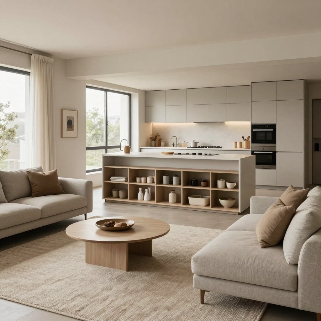 A practical minimalist living room seamlessly integrated with an open kitchen, featuring durable fabrics in neutral tones and stylish smart storage solutions. In the foreground, a soft, textured area rug complements a sleek, low-profile sofa adorned with eco-friendly cushions. The middle showcases a modern coffee table and innovative shelving that blends functionality with aesthetics, showcasing neatly organized kitchen items. In the background, the open kitchen features minimalist cabinetry and energy-efficient appliances, illuminated by natural light streaming through large windows. The atmosphere is calm and inviting, emphasizing the luxury of simplicity, with a warm color palette creating a relaxing ambiance. Capture this scene with soft, diffused lighting, a wide-angle lens to enhance the spacious feel, and from an elevated perspective that provides a comprehensive view of the layout.