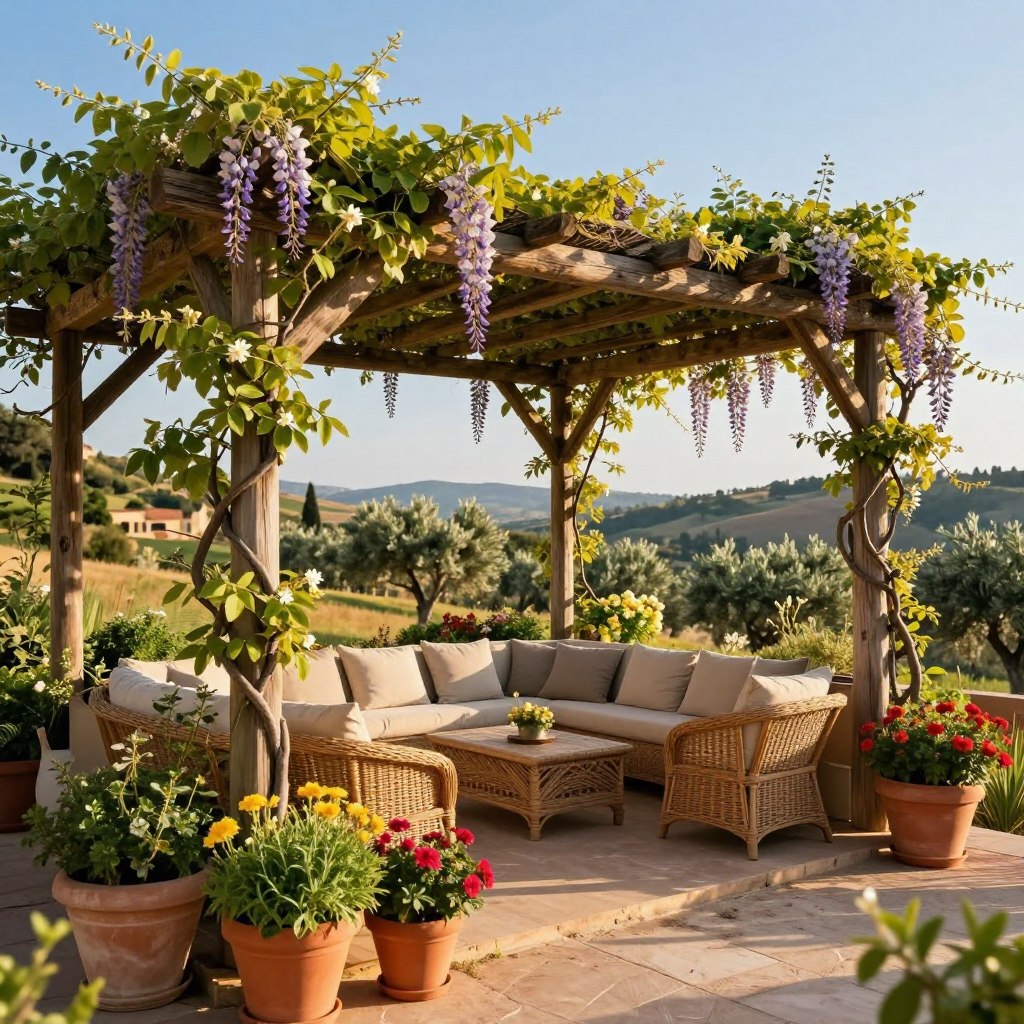A rustic Mediterranean terrace featuring a striking pergola adorned with lush climbing vines such as wisteria and jasmine. In the foreground, vibrant pots filled with colorful flowering plants and herbs create a lively atmosphere. The middle ground showcases a well-crafted wooden pergola, its beams intertwined with green foliage, casting dappled sunlight onto a cozy seating area with elegant wicker furniture and soft cushions. The background reveals a panoramic view of rolling hills dotted with olive trees under a clear blue sky. The lighting is warm and inviting, suggesting late afternoon, with soft shadows enhancing the textures of the wood and plants. The mood is tranquil and inviting, ideal for relaxation and connection with nature, evoking a sense of a perpetual vacation.