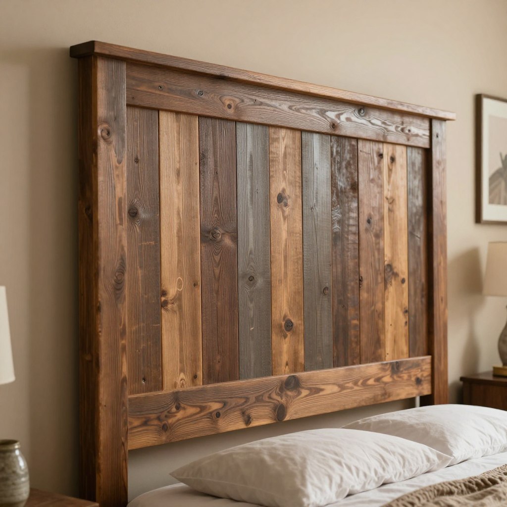 A rustic headboard made from reclaimed barn wood planks, showcasing a variety of rich, textured grain patterns and earthy hues of brown and gray. The headboard is elegantly positioned against a softly painted wall in warm beige, highlighting its natural charm. In the foreground, soft, diffused lighting enhances the wood's rustic character and texture, casting gentle shadows. The view is captured at a slight angle to emphasize the depth of the planks, creating a cozy and inviting atmosphere. The background features a hint of a well-furnished bedroom, with tasteful decor that complements the headboard, evoking a sense of warmth and tranquility in the space. A rustic headboard made from reclaimed barn wood planks, showcasing a variety of rich, textured grain patterns and earthy hues of brown and gray. The headboard is elegantly positioned against a softly painted wall in warm beige, highlighting its natural charm. In the foreground, soft, diffused lighting enhances the wood's rustic character and texture, casting gentle shadows. The view is captured at a slight angle to emphasize the depth of the planks, creating a cozy and inviting atmosphere. The background features a hint of a well-furnished bedroom, with tasteful decor that complements the headboard, evoking a sense of warmth and tranquility in the space.