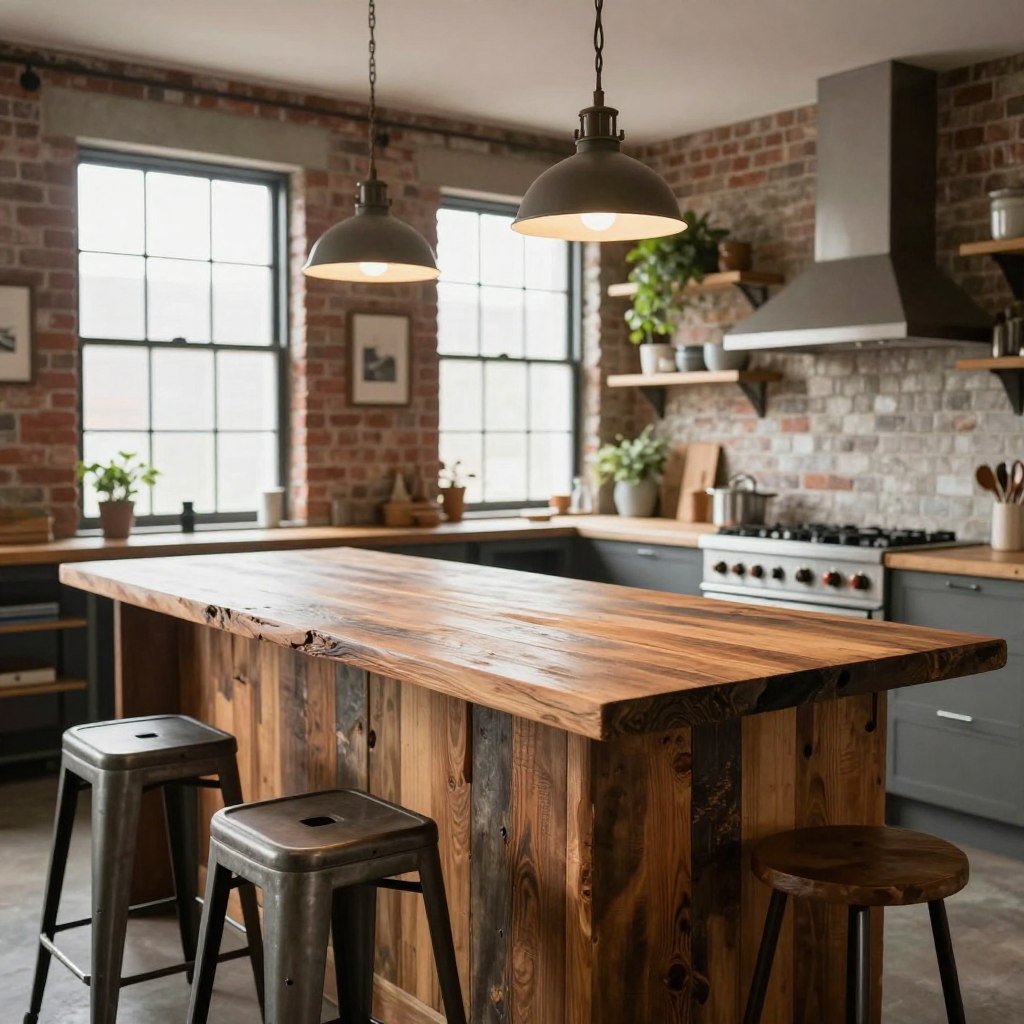 A rustic industrial kitchen island featuring reclaimed wood with a rich, weathered texture complemented by robust metal accents. In the foreground, the island showcases a large, solid wooden countertop with visible grain patterns and rough edges, surrounded by industrial-style bar stools. The middle ground features exposed brick walls and large windows allowing natural light to flood in, enhancing the warm, inviting atmosphere. Overhead, vintage pendant lights cast a soft glow, illuminating the space. The background can be seen with open shelves filled with kitchenware and greenery, adding a cozy touch. The overall mood is warm and welcoming, reflecting a contemporary yet rustic industrial aesthetic, perfect for gathering and cooking in an open-concept living space.