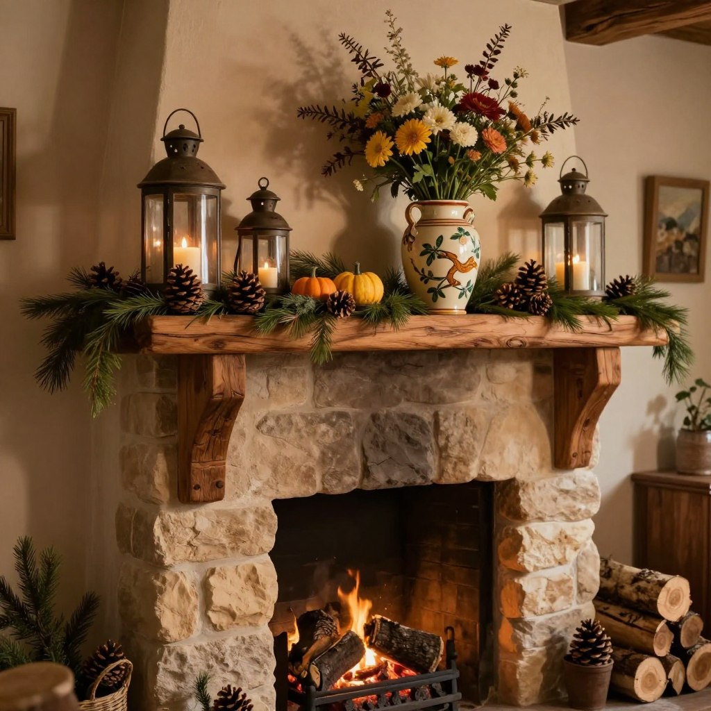 A rustic living room mantle decorated with natural elements. In the foreground, a wooden mantle adorned with carefully arranged seasonal decorations, featuring pinecones, small pumpkins, and evergreen sprigs. The middle section showcases a pair of vintage lanterns and a hand-painted ceramic vase filled with fresh flowers, creating a warm focal point. In the background, a cozy fireplace with a stone facade, softly glowing embers, and a few stacked logs enhances the inviting atmosphere. The scene is illuminated by warm, ambient lighting, casting gentle shadows that evoke a sense of comfort and timelessness. The angle captures the mantle head-on, inviting viewers to appreciate the curated simplicity and seasonal charm of this rustic decor. A rustic living room mantle decorated with natural elements. In the foreground, a wooden mantle adorned with carefully arranged seasonal decorations, featuring pinecones, small pumpkins, and evergreen sprigs. The middle section showcases a pair of vintage lanterns and a hand-painted ceramic vase filled with fresh flowers, creating a warm focal point. In the background, a cozy fireplace with a stone facade, softly glowing embers, and a few stacked logs enhances the inviting atmosphere. The scene is illuminated by warm, ambient lighting, casting gentle shadows that evoke a sense of comfort and timelessness. The angle captures the mantle head-on, inviting viewers to appreciate the curated simplicity and seasonal charm of this rustic decor.