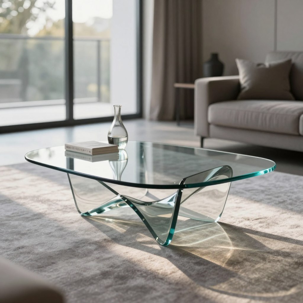 A sculptural glass coffee table as a statement piece, showcasing a unique, fluid design with elegant curves and sharp angles, reflecting light in captivating ways. The table is positioned prominently in a modern, minimalist living room, surrounded by a soft grey area rug. In the foreground, the glass table catches bright, warm sunlight filtering through large, floor-to-ceiling windows, creating intriguing shadows and highlights. The middle ground contains a subtle arrangement of decorative elements, like a sleek vase and a couple of art books, enhancing the scene's sophistication. In the background, a chic, muted color palette complements the overall atmosphere, exuding calm and elegance. Capture the image with a shallow depth of field to emphasize the table while maintaining a soft blur on the surroundings, evoking a serene and contemporary mood. A sculptural glass coffee table as a statement piece, showcasing a unique, fluid design with elegant curves and sharp angles, reflecting light in captivating ways. The table is positioned prominently in a modern, minimalist living room, surrounded by a soft grey area rug. In the foreground, the glass table catches bright, warm sunlight filtering through large, floor-to-ceiling windows, creating intriguing shadows and highlights. The middle ground contains a subtle arrangement of decorative elements, like a sleek vase and a couple of art books, enhancing the scene's sophistication. In the background, a chic, muted color palette complements the overall atmosphere, exuding calm and elegance. Capture the image with a shallow depth of field to emphasize the table while maintaining a soft blur on the surroundings, evoking a serene and contemporary mood.