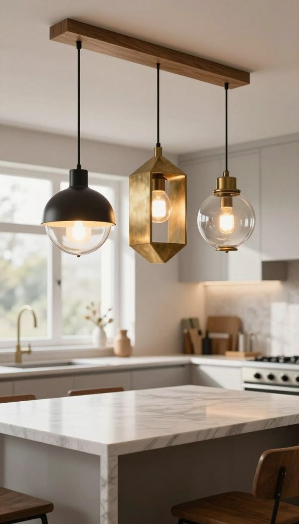 A selection of sophisticated pendant light styles is elegantly displayed, featuring industrial luxe designs in a modern kitchen setting. The foreground showcases three distinct fixtures: a matte black metal pendant, a brushed brass geometric design, and a vintage-inspired glass globe, all suspended from a polished wooden beam. In the middle ground, the bright, airy kitchen features a sleek marble island, with subtle reflections of the fixtures on its surface, hinting at luxury. The background captures soft natural light streaming through large windows, enhancing the serene atmosphere. The scene is shot with a wide-angle lens, emphasizing the spaciousness, while warm, ambient lighting creates an inviting, sophisticated mood, perfect for inspiring contemporary kitchen designs.