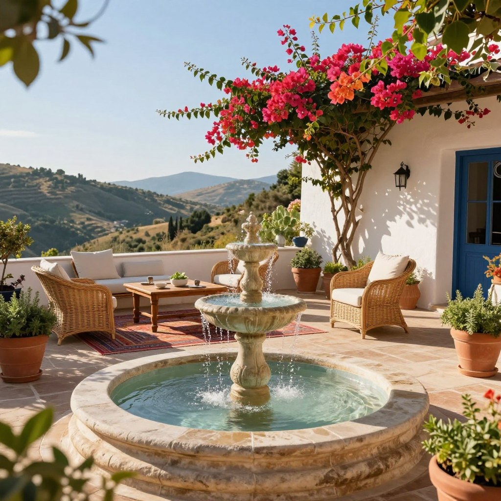 A serene Mediterranean outdoor living space featuring an elegant water fountain as the centerpiece. In the foreground, the fountain cascades water gently into a stone basin surrounded by lush greenery, colorful bougainvillea, and terracotta pots filled with herbs. The middle ground includes a cozy seating area with comfortable wicker chairs adorned with soft cushions, a rustic wooden table set for casual dining, and a vibrant area rug that adds warmth. In the background, stunning views of rolling hills and a clear blue sky are framed by whitewashed walls and climbing vines. Soft, golden sunlight bathes the scene, creating a tranquil and inviting atmosphere, perfect for relaxation and social gatherings. The image captures the essence of a soothing ambiance typical of Mediterranean terraces, emphasizing harmony with nature.
