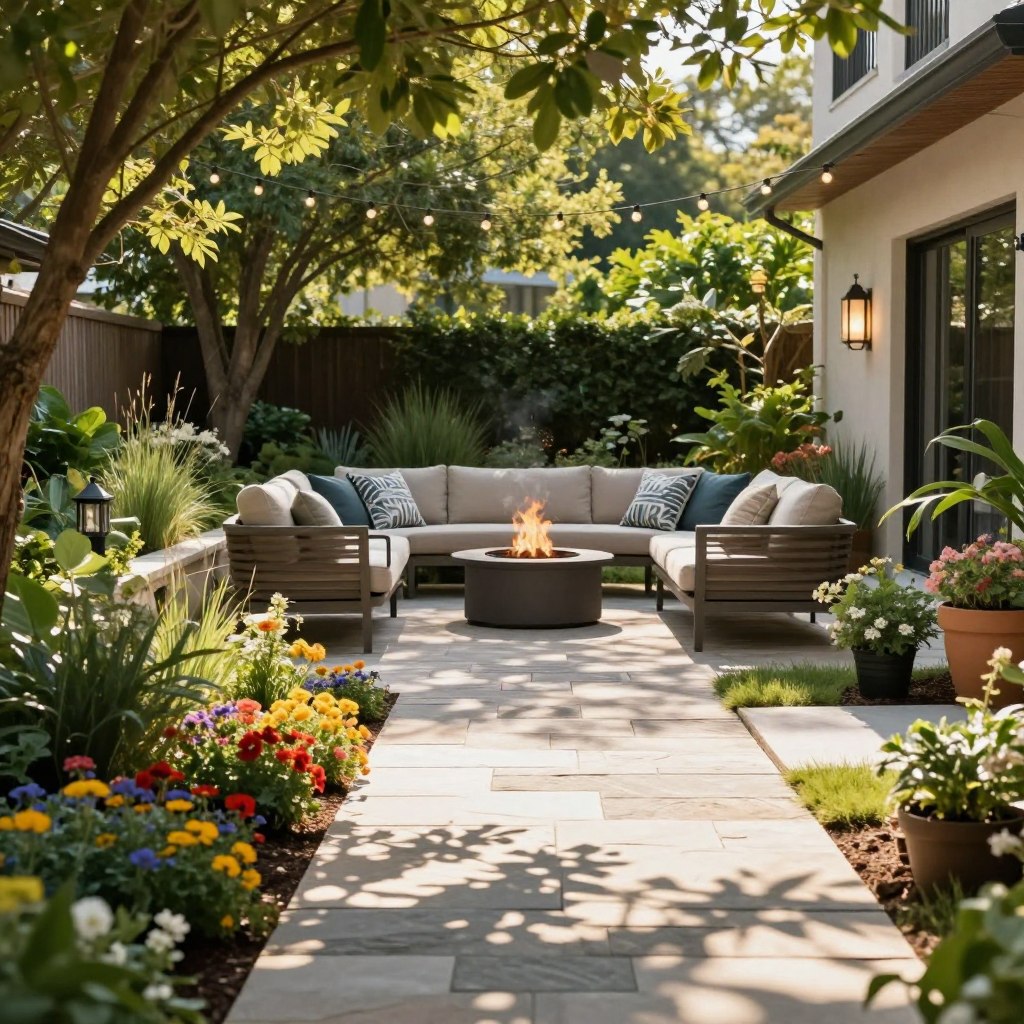A serene and functional outdoor living walkway designed for family gatherings and relaxation. In the foreground, a well-maintained stone path lined with vibrant flower beds and lush greenery invites visitors. In the middle, a cozy seating area with durable outdoor furniture, stylish cushions, and a fire pit creates an inviting atmosphere. The background showcases a well-designed garden with trees providing shade, and twinkling string lights overhead add a warm glow. Natural sunlight filters through the leaves, casting playful shadows on the walkway. The mood is tranquil and family-friendly, emphasizing a modern yet practical outdoor living space that harmonizes with nature. Wide-angle view captures the entire layout, focusing on the usability and aesthetic appeal of the walkway.